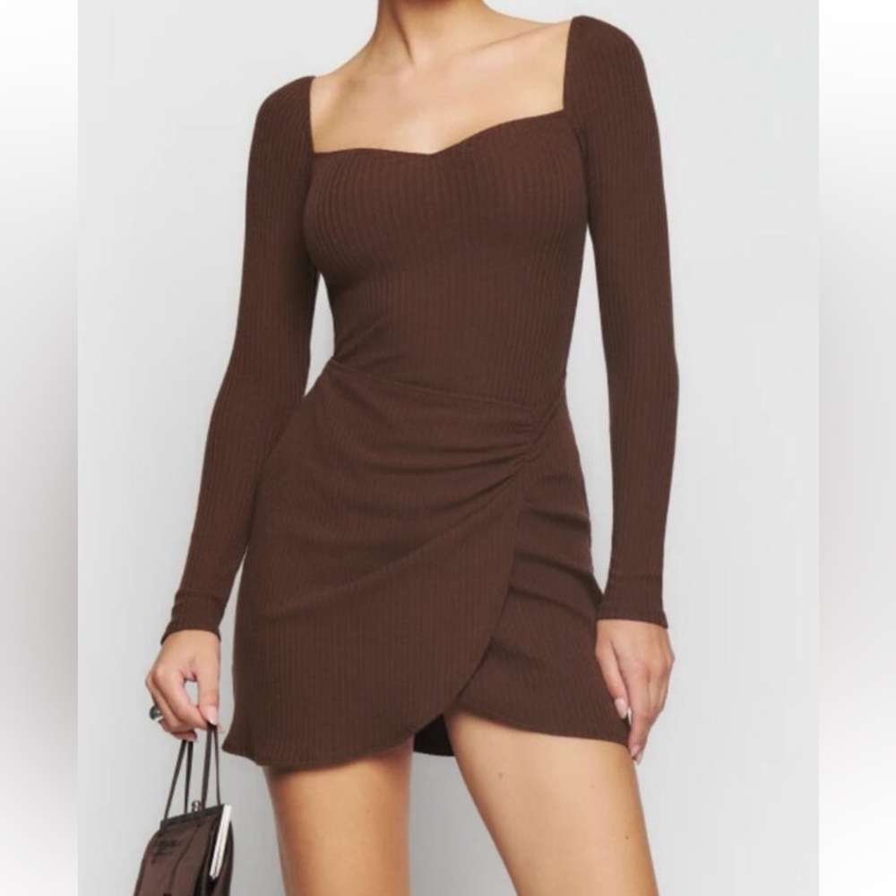 Reformation Brown Sweetheart Long Sleeve Cocktail Dress